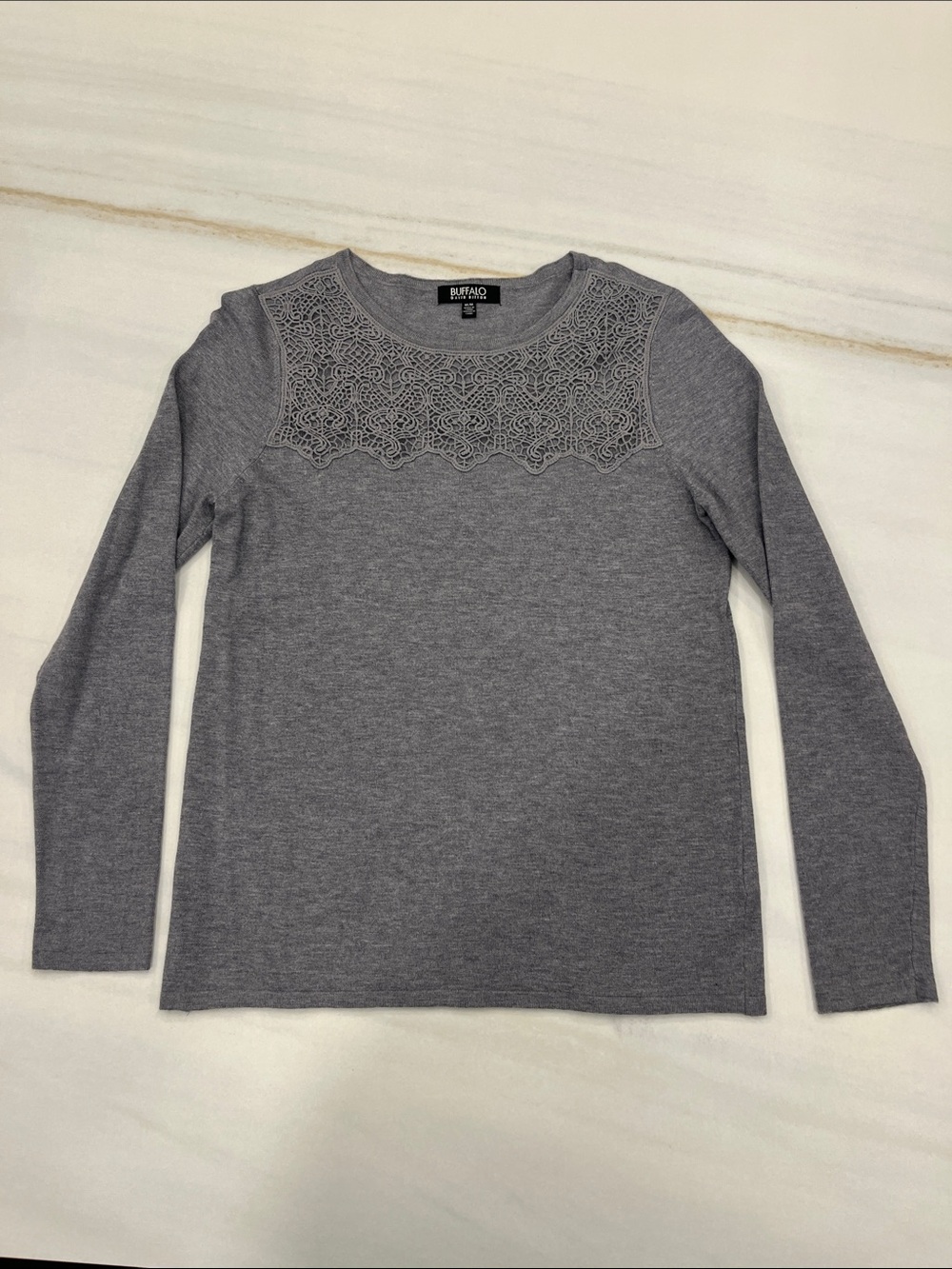 Buffalo David Bitton Heather Gray Lace Yoke Long Sleeve Tee